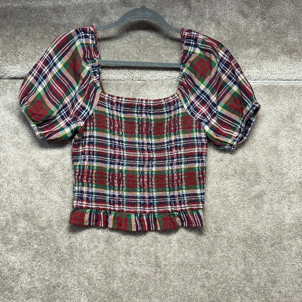 American Eagle Women Milkmaid Crop Top Red Plaid Medium Smocked Feminine Cottage